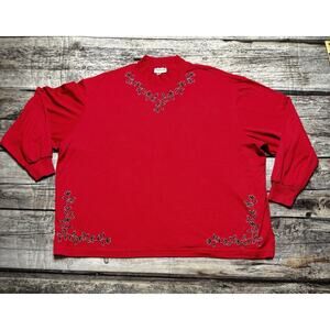 VTG BonWorth Floral Embroidered Mock Turtleneck Red Top Women Large Petite Shirt